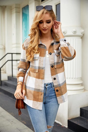 model wearing brown plaid shacket