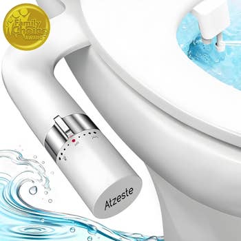 Bidet attachment connected  a toilet, featuring a power  dial for h2o  pressure. Family Choice Award badge displayed