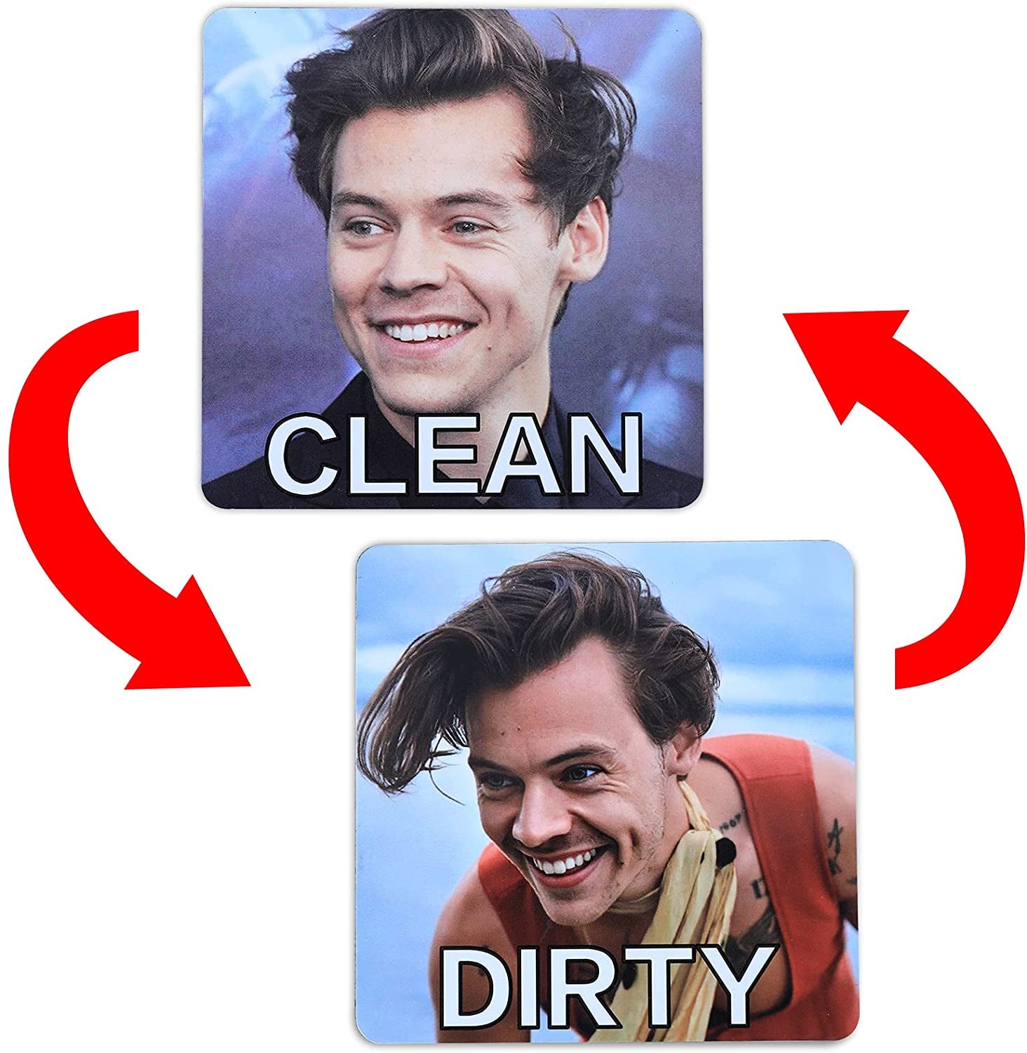 A magnet with Harry Styles' face with one side saying 