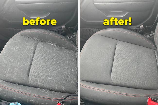 left: another reviewer's before photo of car seat covered in dog hair / right: after photo showing seat clean of hair thanks to the portable vacuum 
