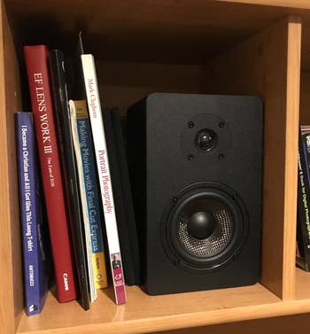 Reviewer image of black speaker on a bookshelf