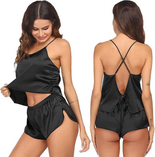 Model wearing satin sleepwear acceptable   with spaghetti straps and crisscross back, displaying beforehand   and backmost  views