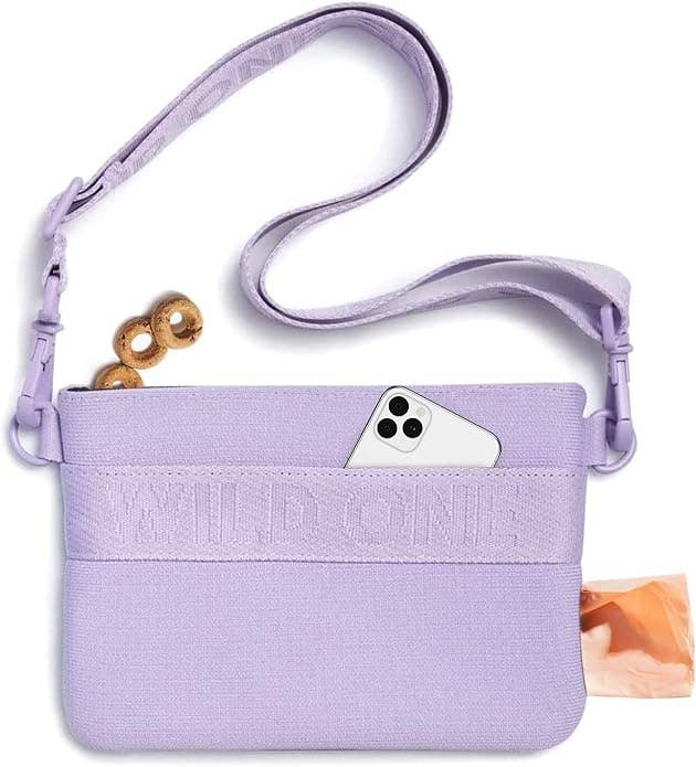 Lavender crossbody bag with adjustable strap and text 