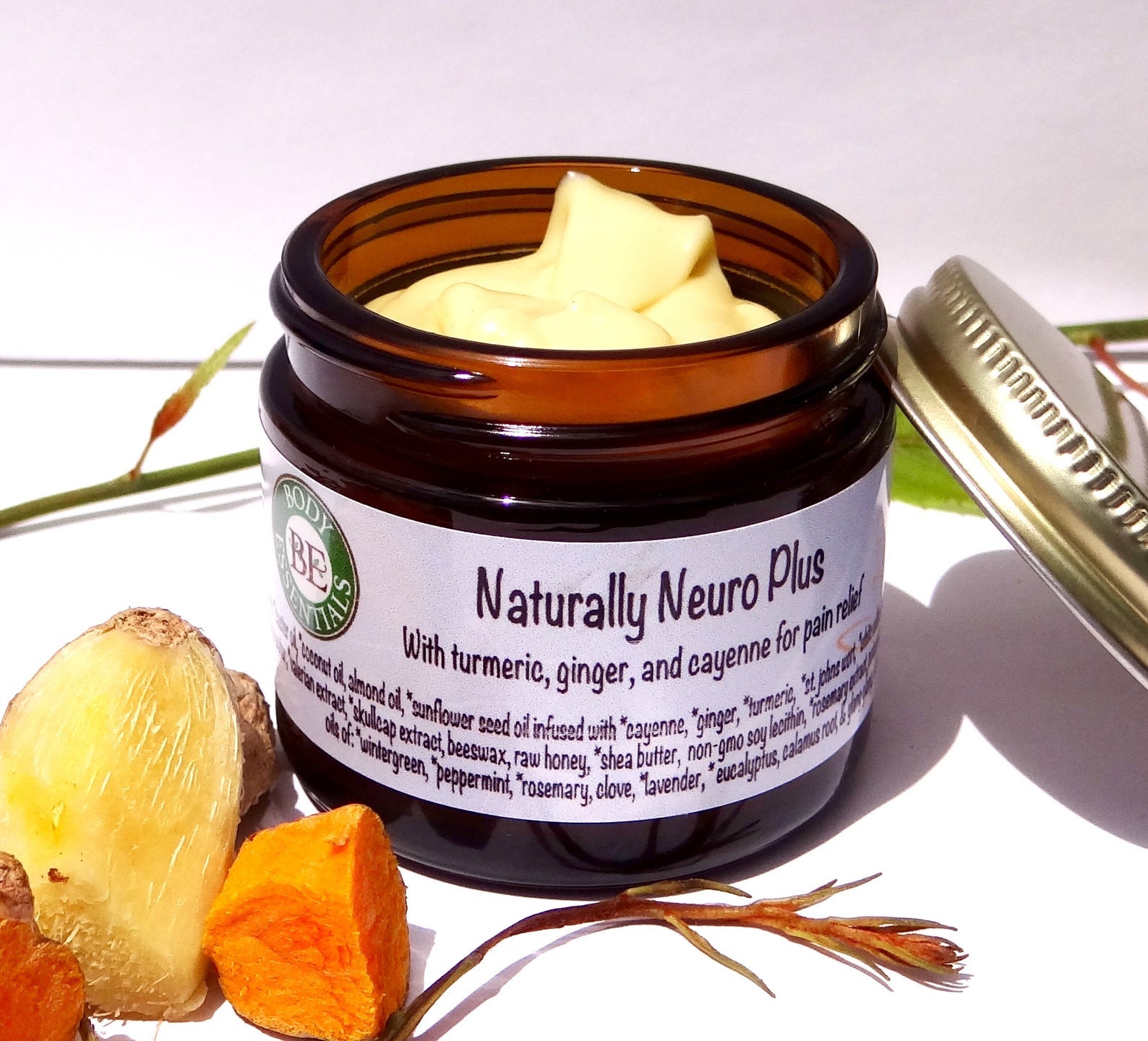 A jar of naturally neuro plus cream with ingredients on it