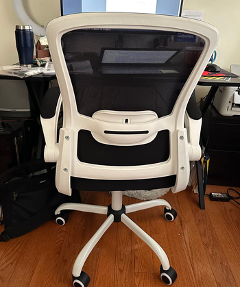 a reviewer photo of the back side of the chair in black with a white frame 