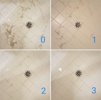 reviewer before and afters of shower being cleaned with cleaner