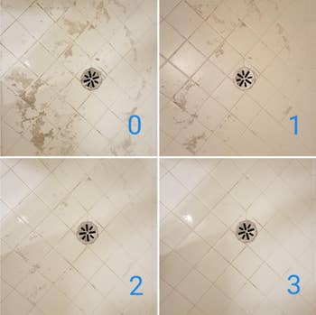 reviewer before and afters of shower being cleaned with cleaner