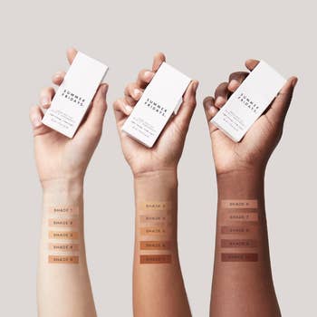 swatches of all the shades, on three different skin tones