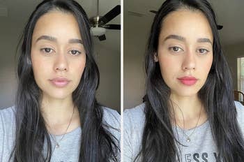 reviewer before and after image with added red tint to lips 