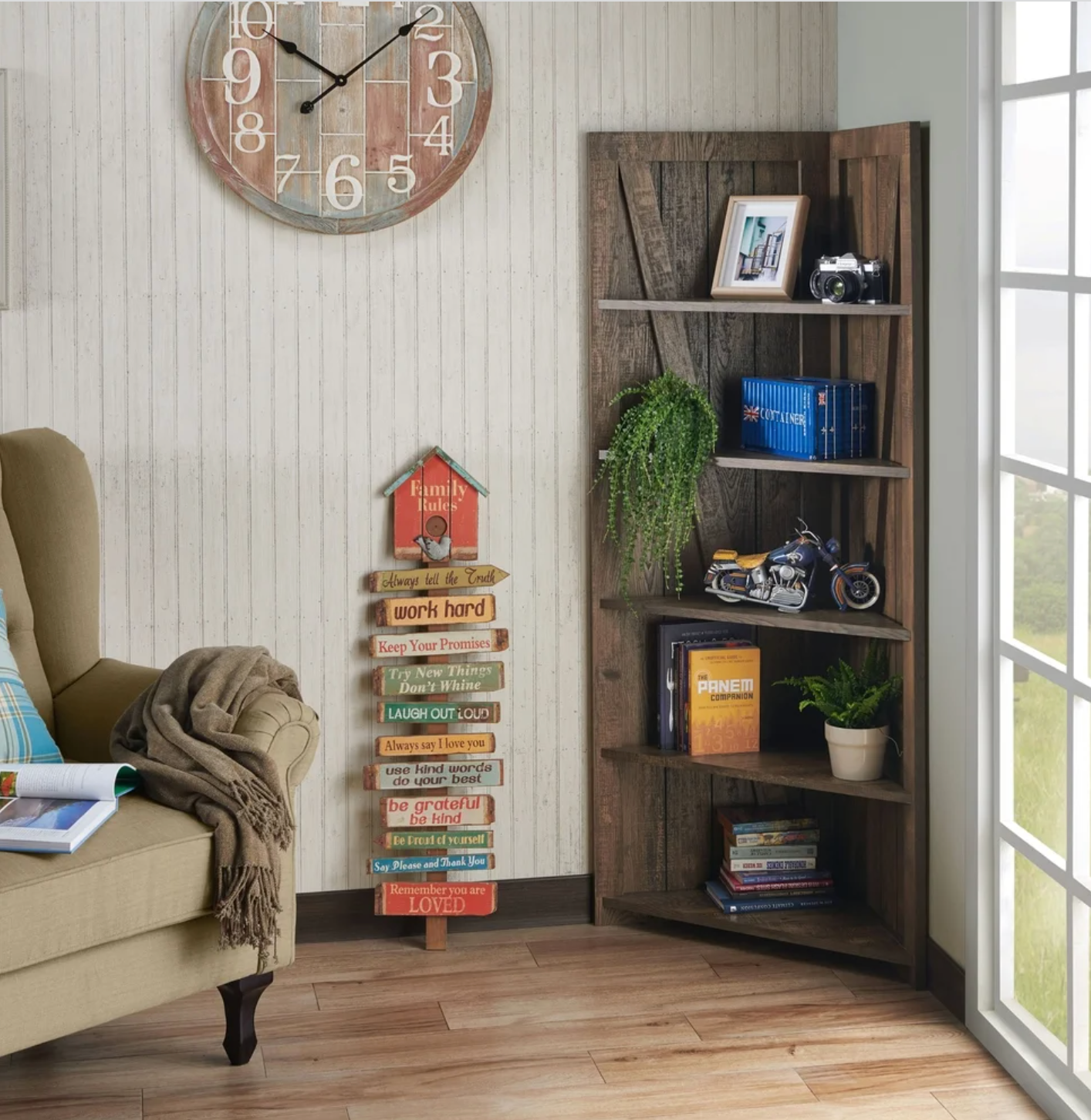 Brown rustic five-tier shelf with books, plants, and knick-knacks