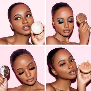 model wearing each of the lashes of different volumes and holding the respective compacts decorated like peanut butter, sugar, chocolate chip, and black and white cookies