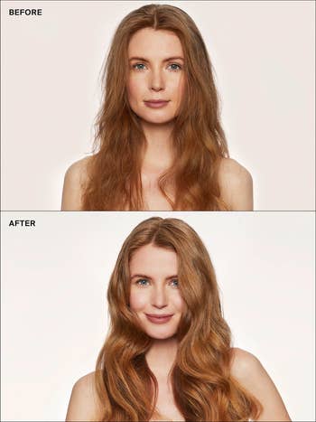 before and after of a model showing their hair shiny and voluminous after Eva NYC