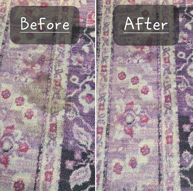 On the left, a stain on a carpet, and on the right, the same carpet now stain-free