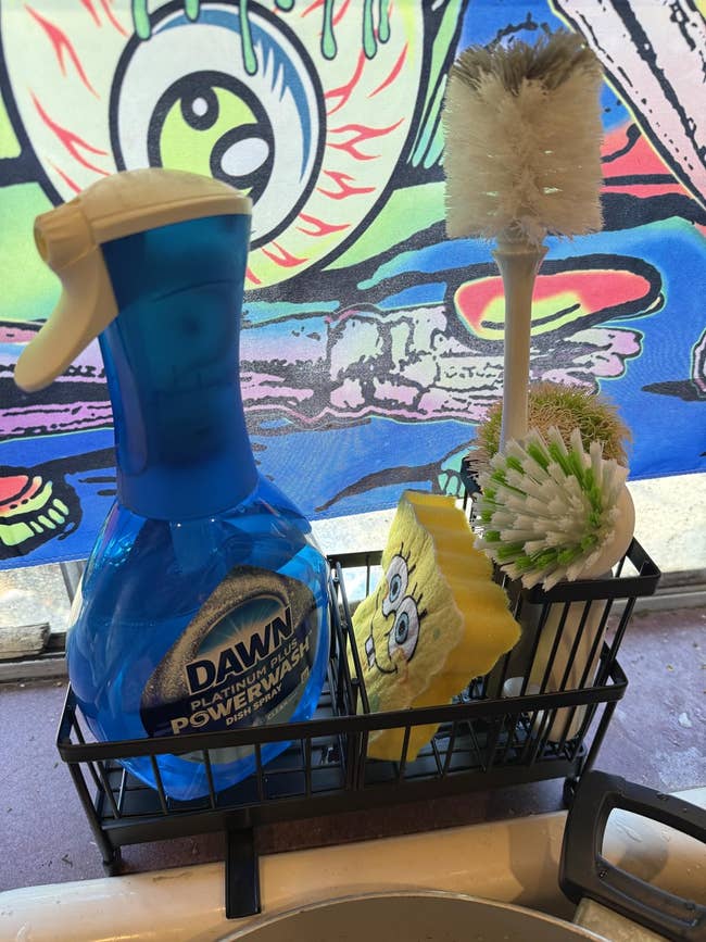 Dishwashing acceptable with bluish spray soap, sponge with cartoon design, and brushes successful a achromatic holder, placed by a model with colorful artwork
