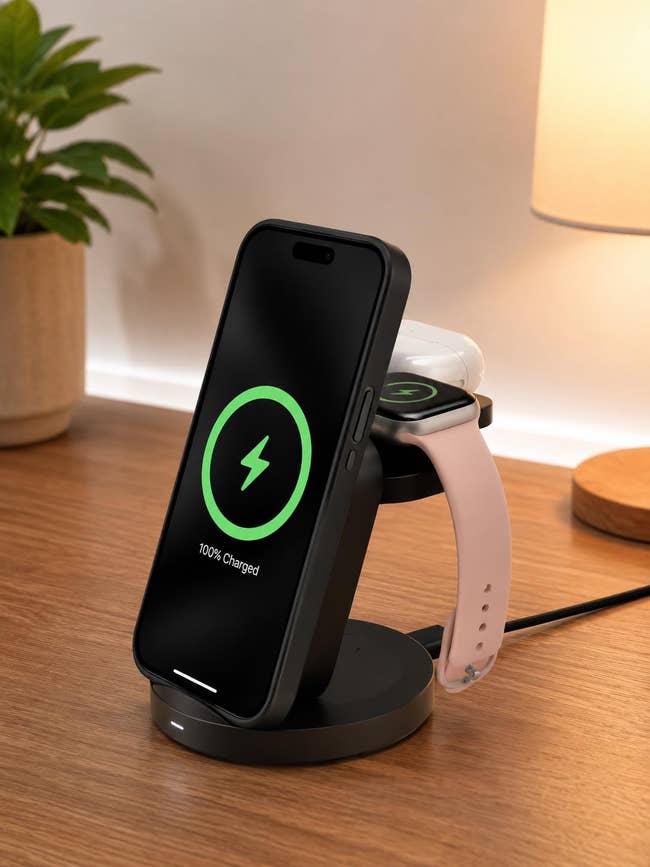 Dual-device wireless charger connected a woody array with a telephone and smartwatch, some displaying charging status