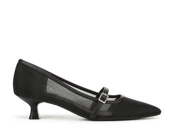 Black Mary Jane-style mesh kitten bottommost footwear with a buckle strap