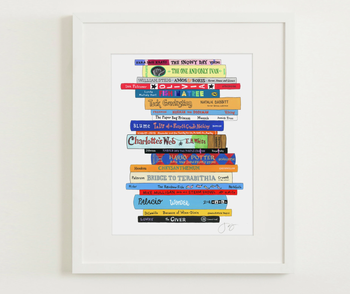 vertical print of books in a white frame