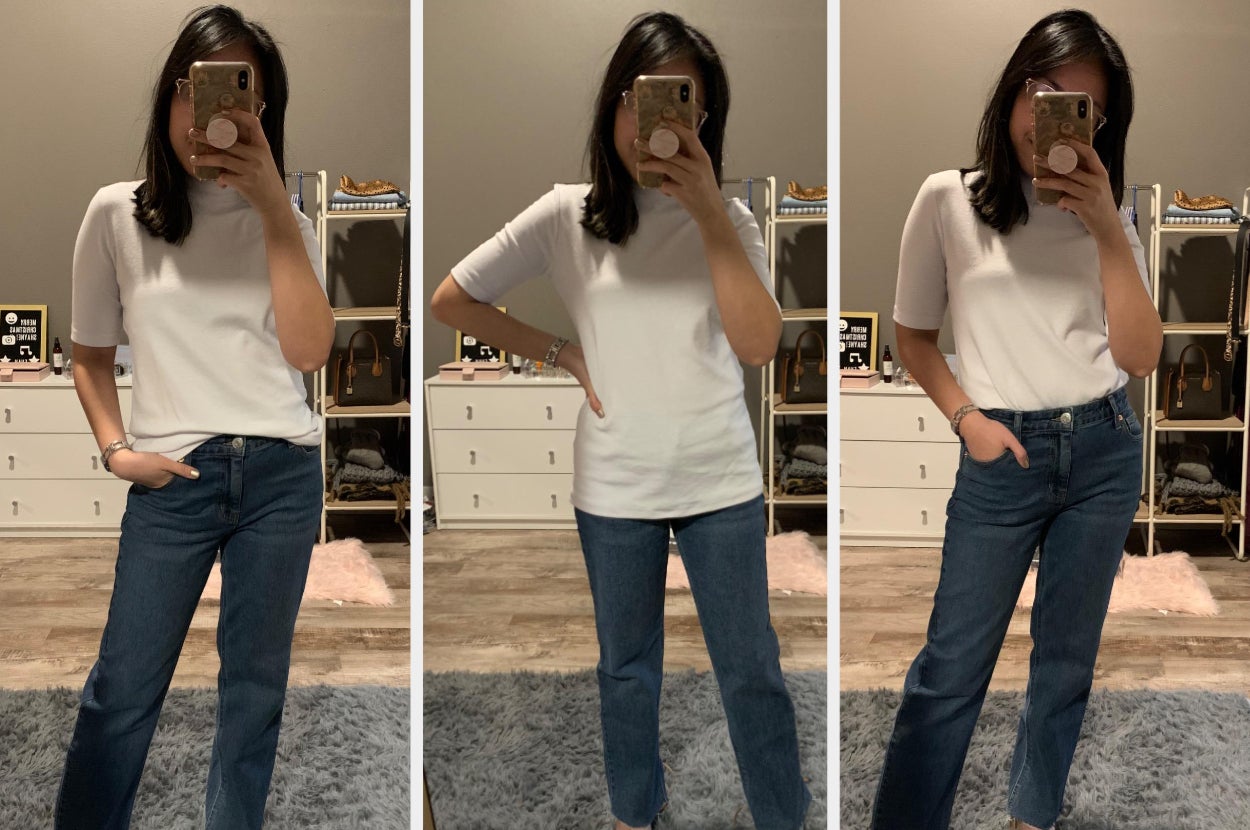Three images of reviewer wearing white top three different ways