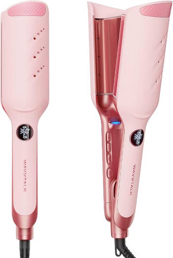 Pink hair straightening and curling tool with digital temperature display and adjustable settings