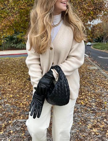 reviewer wearing the achromatic  cardigan