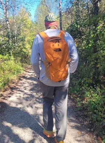 Person hiking connected a wooded trail, wearing a backpack and casual outdoor clothing, surrounded by trees and foliage