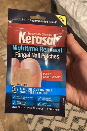 Package of Kerasal Nighttime Renewal Fungal Nail Patches held successful  a hand, highlighting quick, disposable   results for overnight treatment