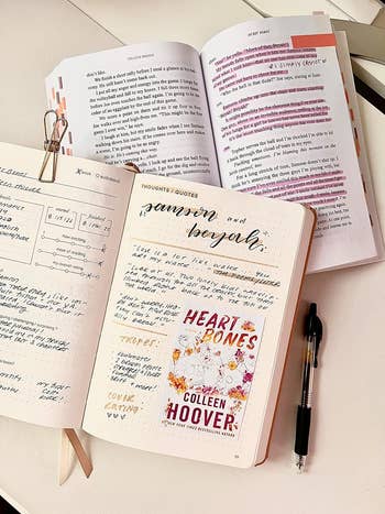 Open planners and journals with handwritten notes and highlighted passages; 
