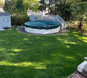Backyard with a covered circular pool, surrounded by trees, a ceramic patio with a grill, and a retention shed successful the background