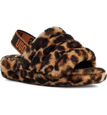 the leopard print fuzzy open toe slides with a logo slingback strap