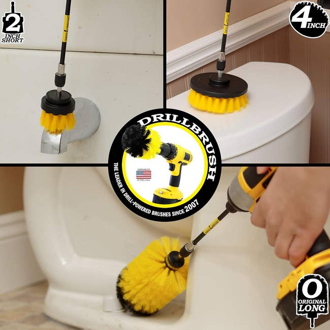 drill brush attachments cleaning various bathroom items 