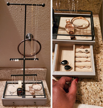 collage of reviewer photos of jewelry tree and inside of drawers