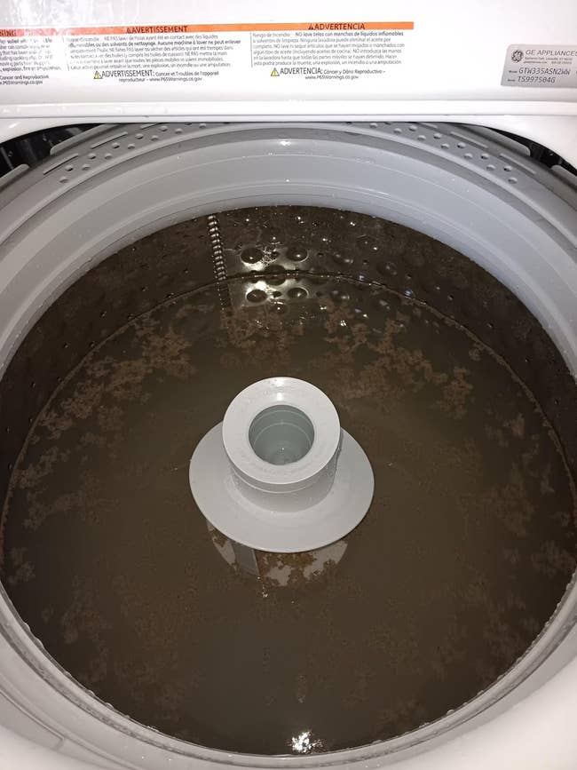 washing machine filled with water and grime