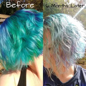 on left: reviewer with green and blue short hair. on right, same reviewer with hair color after using the shampoo and conditioner above for six months