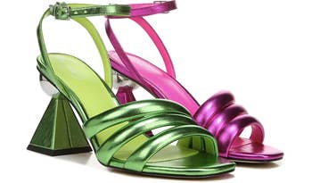 ankle strap heels one green one hot pink with pyramid and sphere heels