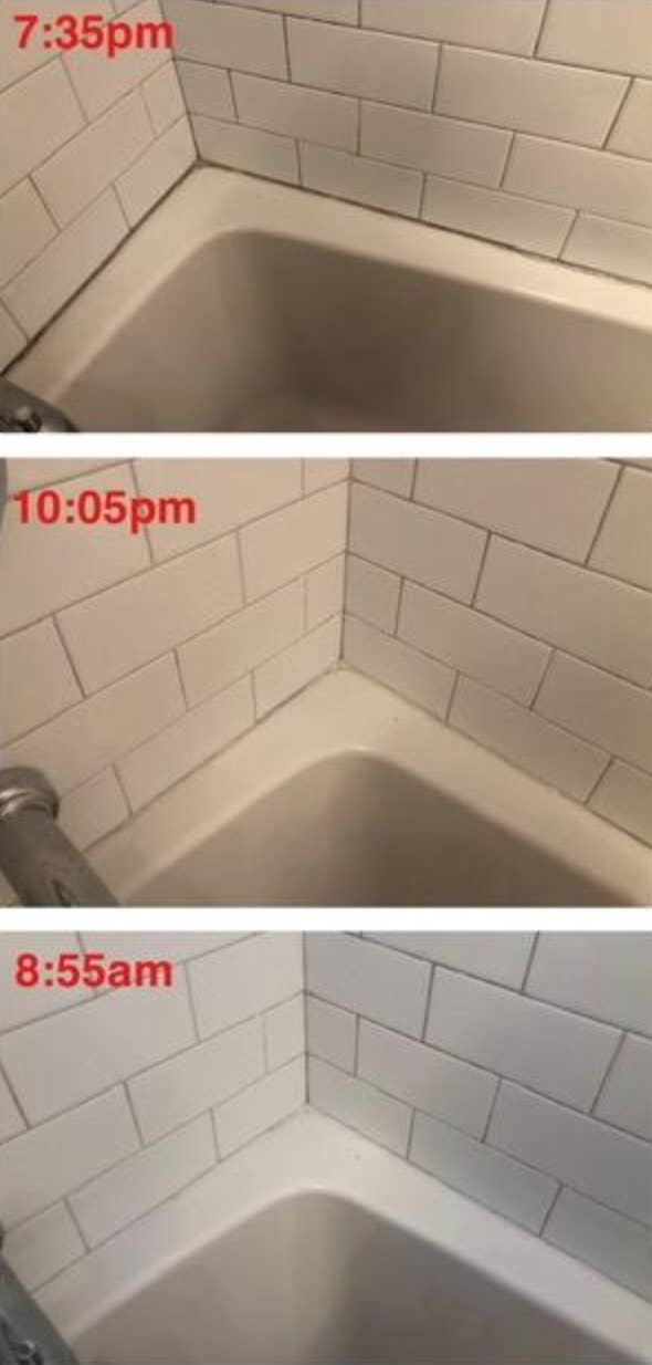 reviewer's bath tub with mold disappearing overnight after application 