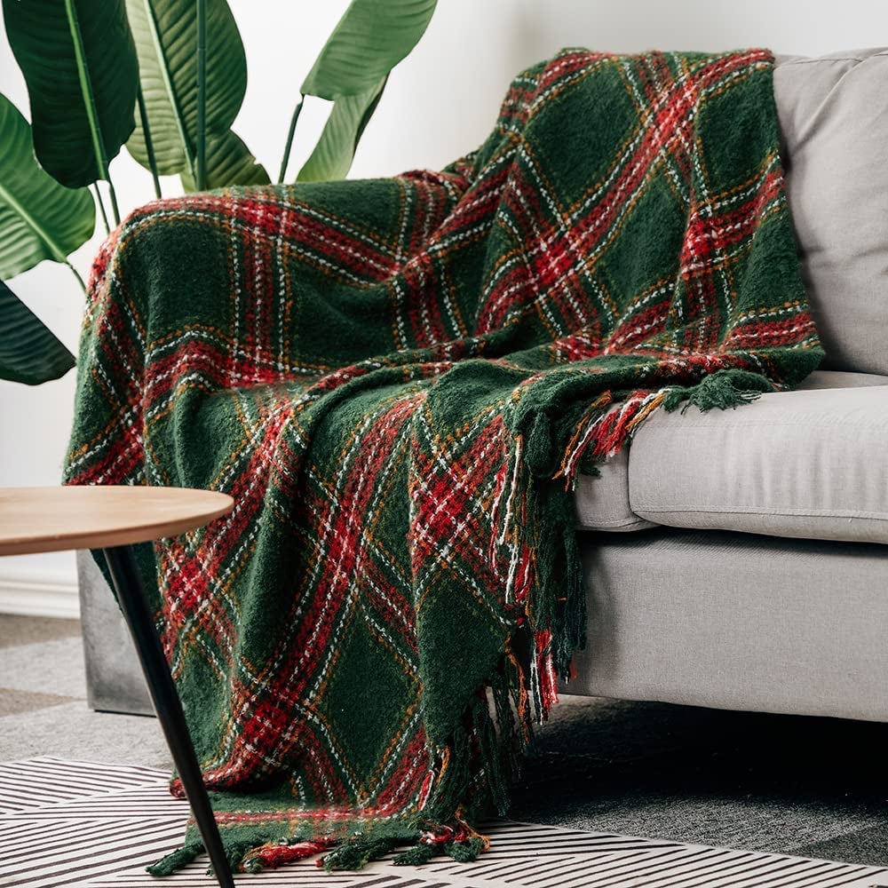 the red and green throw on a couch