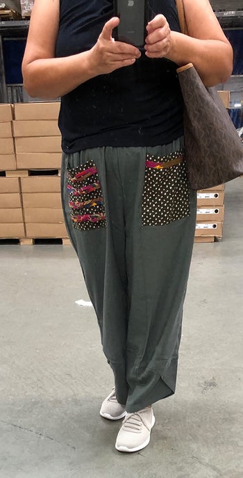 reviewer mirror photo wearing the patchwork pants