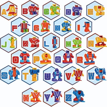 Grid image of colorful alphabet toys that transform into robots