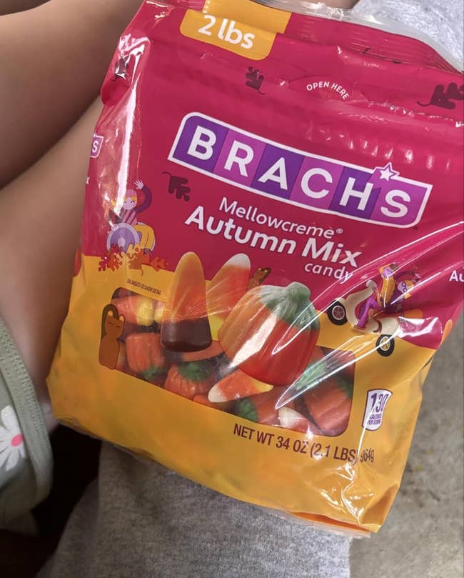 Bag of Brach's Mellowcreme Autumn Mix candy, 34 oz, featuring pumpkins and candy corns