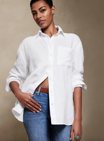 model wearing the shirt in white