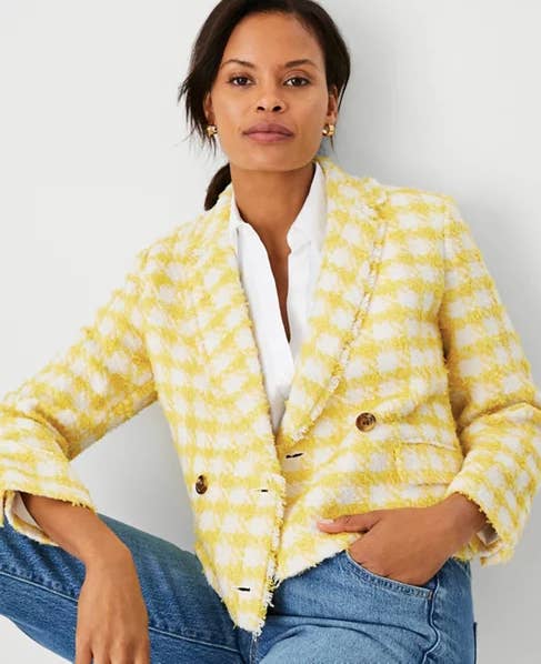 model in yellow plaid double breasted jacket
