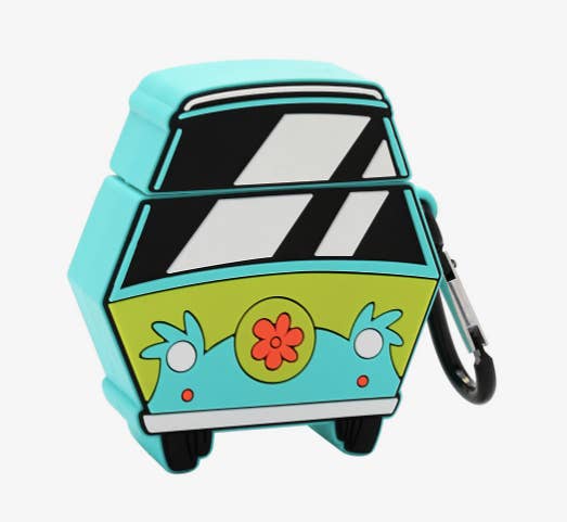 the case, which looks like the front of the mystery machine from scooby doo, and an attached carabiner