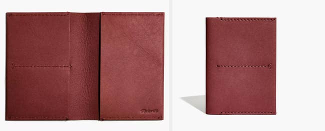 collage of unfolded and folded maroon leather passport holder
