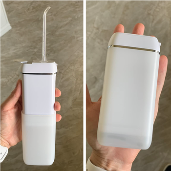 reviewer holding the extended water flosser in one photo next to them holding it folded into its case in another photo