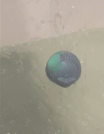 a gif of a whale bath toy spinning and spouting water