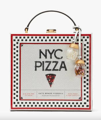 top handle square purse that looks like an NYC pizza box with charms that look like cheese and chili shakers