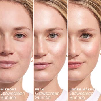 Three side-by-side images show a person's face before, with, and under Glowscreen Sunrise product