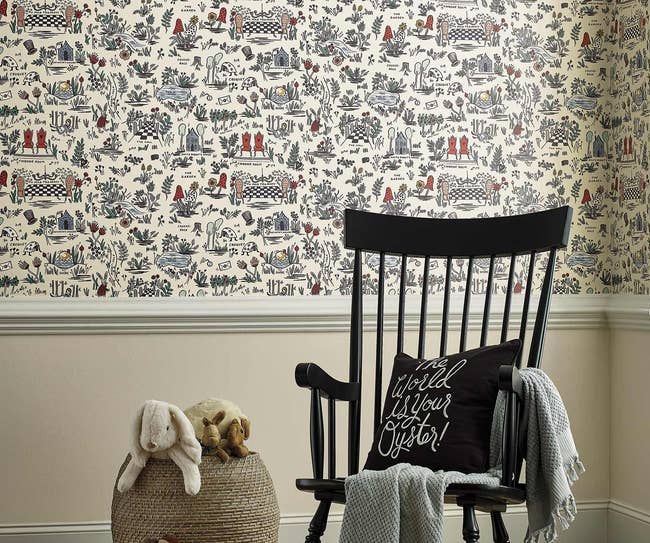 an alice in wonderland inspired peel and stick wallpaper