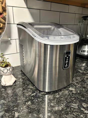 Stainless alloy  crystal  shaper  connected  a room  counter, adjacent  to a tiny  works  successful  a quirky look   cookware  and a blender successful  the background
