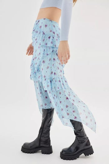 model wearing the blue ditsy floral printed skirt